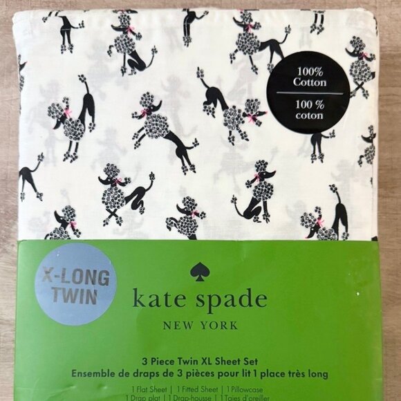 NEW Kate Spade Twin XL Cotton Sheet Set French Poodle Dog Print ALL COTTON - Picture 1 of 4